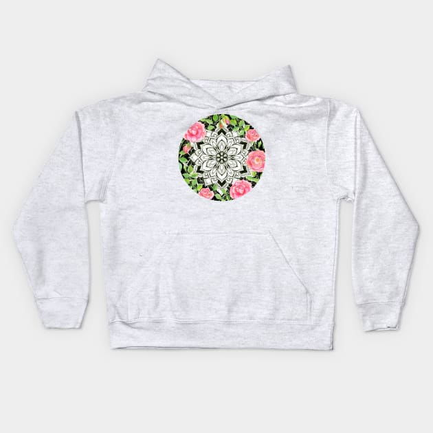 Peach Pink Roses and Mandalas on Black and White Lace Kids Hoodie by micklyn